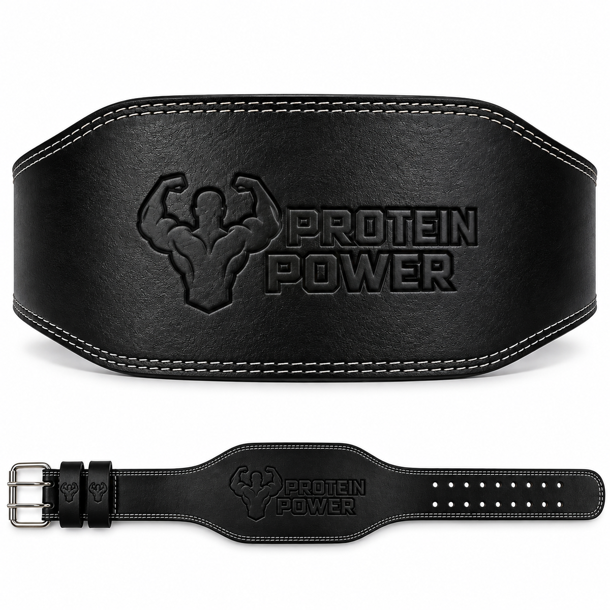 PROTEIN POWER® Leather Weightlifting Belt with Double Prong Buckle