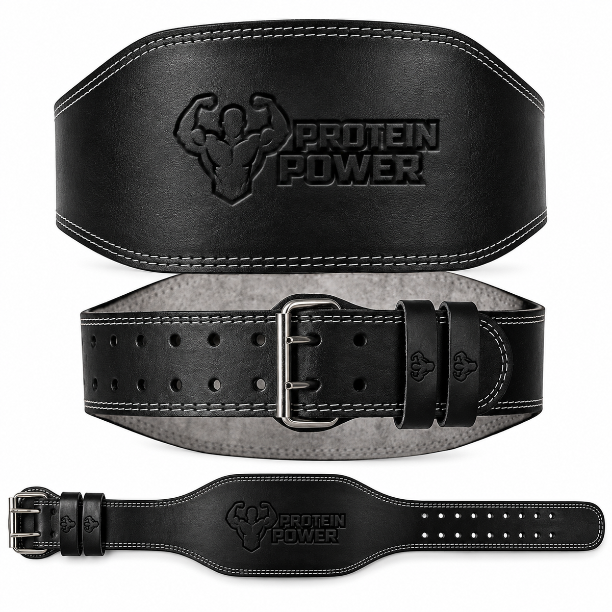 PROTEIN POWER® Leather Weightlifting Belt with Double Prong Buckle